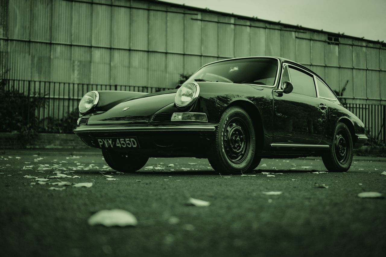 Classic black Porsche 912, front three-quarter view