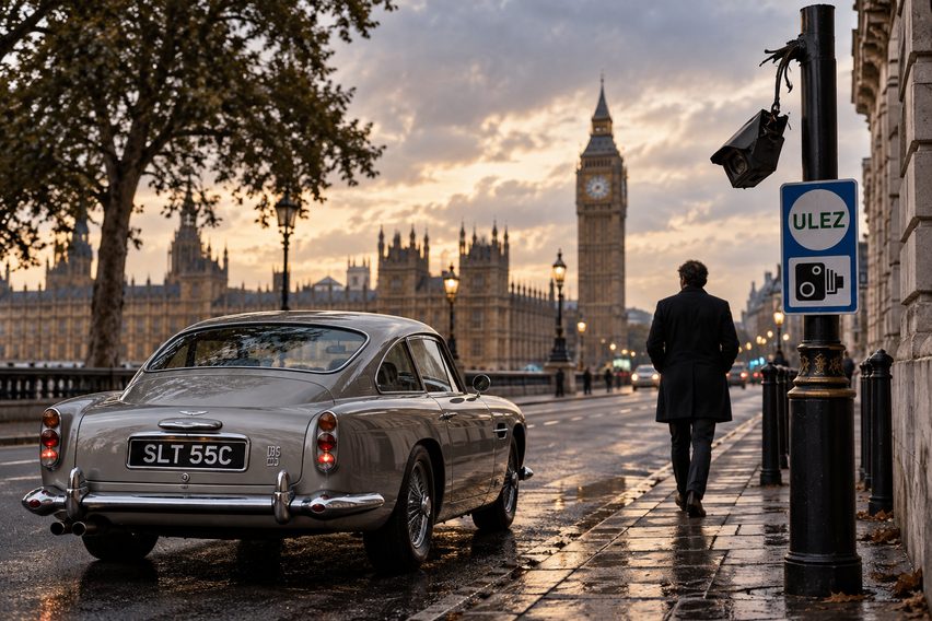 Classic Aston Martin parked beside a London ULEZ sign at dusk