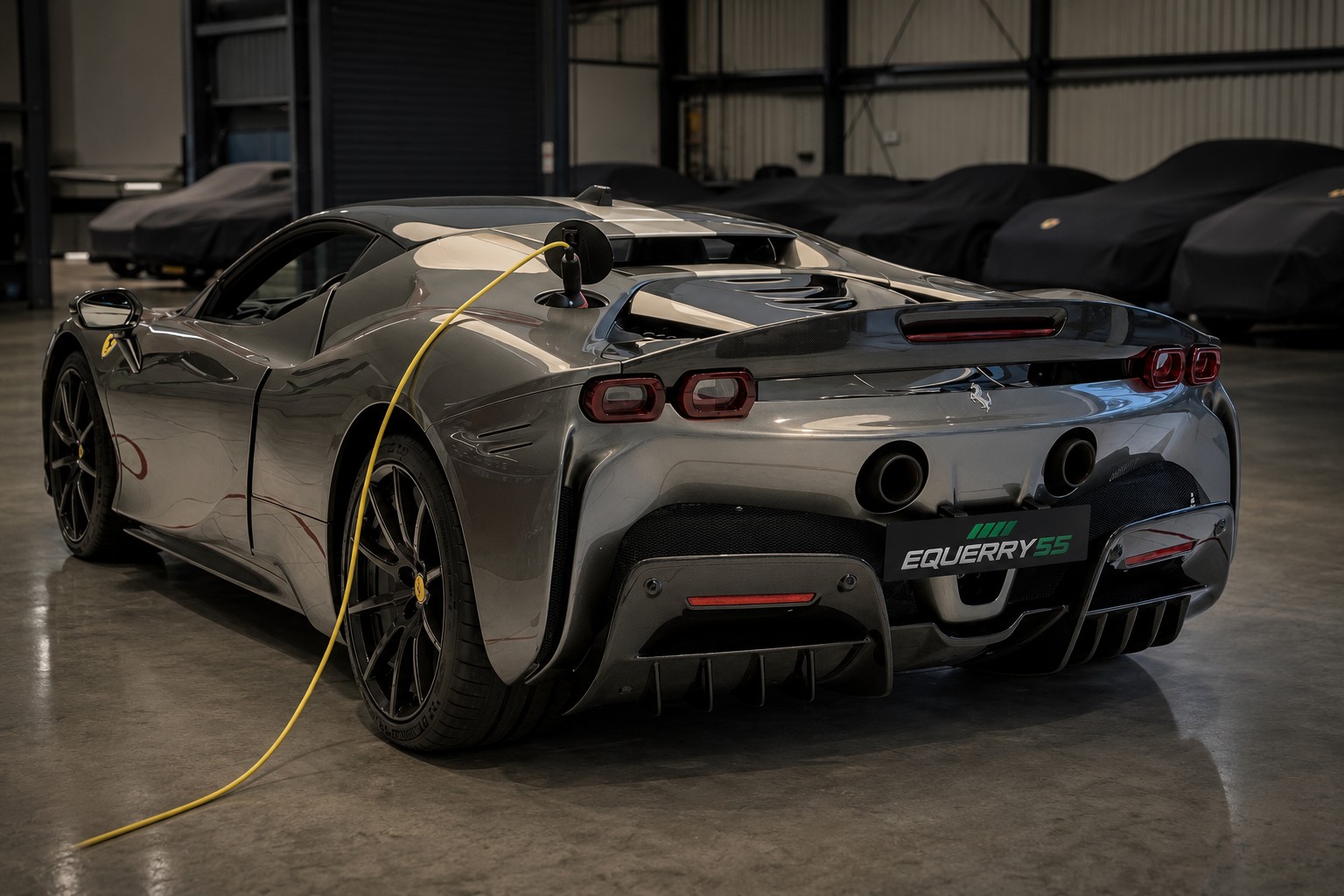 Ferrari SF90 plug-in hybrid charging during indoor storage at Equerry 55