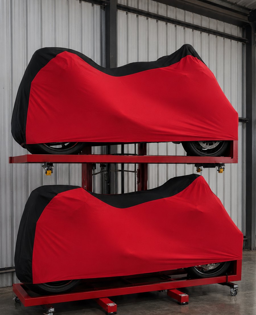 Two motorcycles under breathable covers in indoor storage