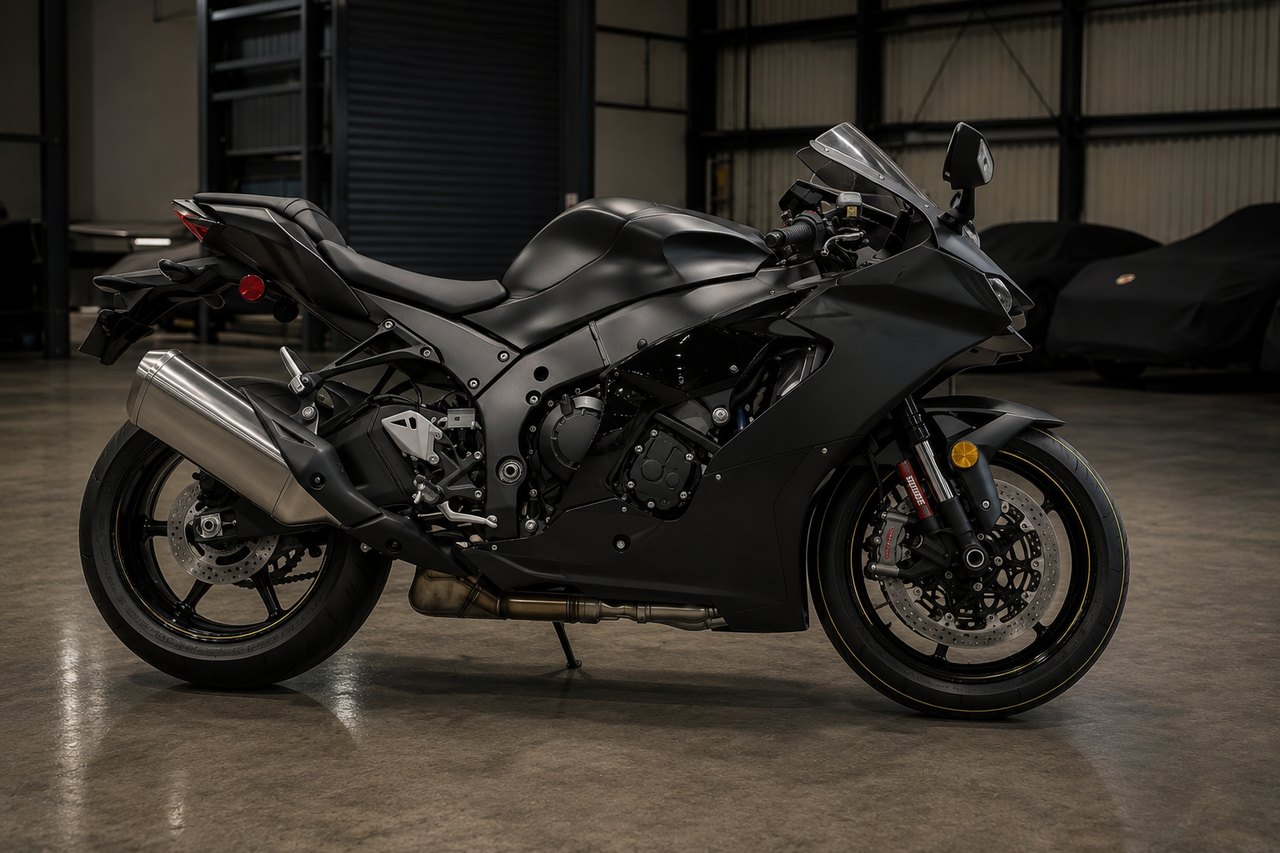 Sports motorcycle in secure indoor storage for a London owner