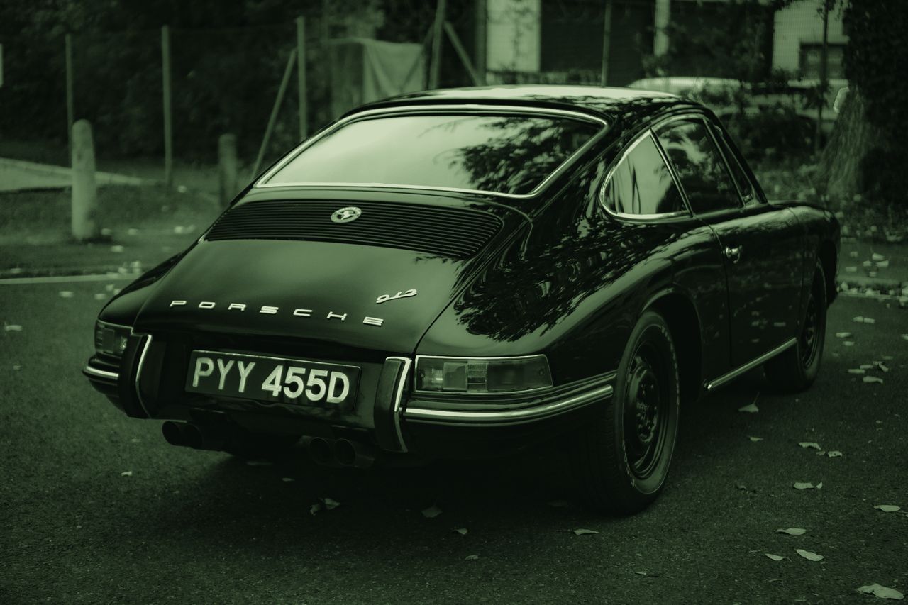 Classic black Porsche 912, rear view