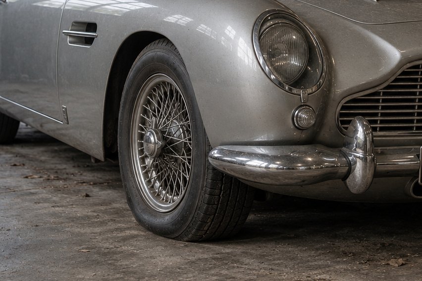 Classic car with a flat tyre left in a dusty garage, the result of storing a car incorrectly